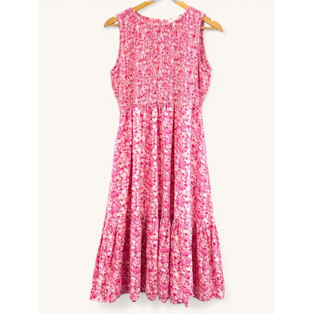 BeachLunchLounge Pink Floral Smocked Midi Dress Sleeveless Boho M Cottagecore